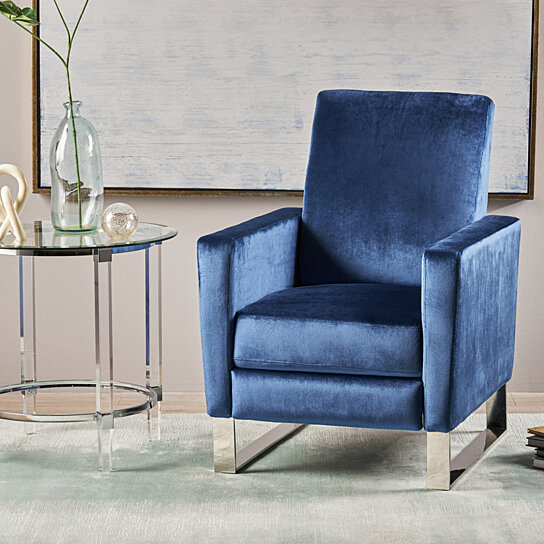 Arvin Modern Velvet Push Back High Leg Recliner with Stainless S